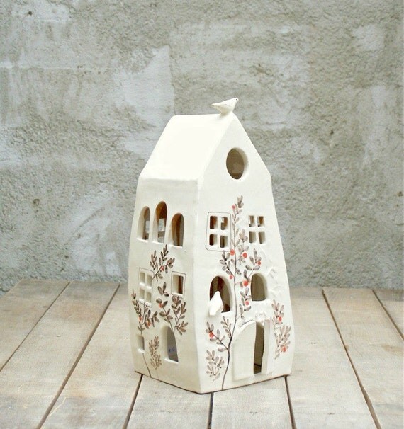 ceramic house candle holder/white house with two