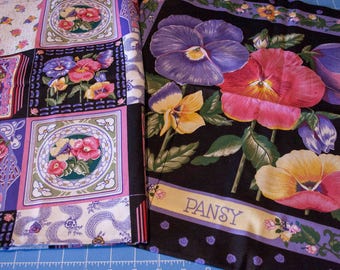 Springs Industries, "Pansy" Panel, Quilting Fabric Bundle, Two Coordinated Fabric Panels, Pansy Theme