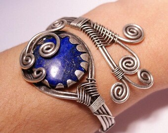 lapis lazuli bracelet - lapis cuff bracelet - lapis bracelet - wire wrapped jewelry handmade - wire wrapped cuff bracelet
