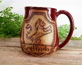 Gryffindor Mug - 16 oz Dark Red Wheel Thrown Hand Carved Coffee Cup