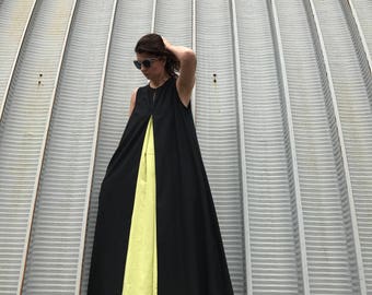Extravagant Dress, Gothic Dress, Linen Dress, Black Kaftan Dress, Black Maxi Dress, Shift Dress, Sleeveless Dress, Steampunk Dress