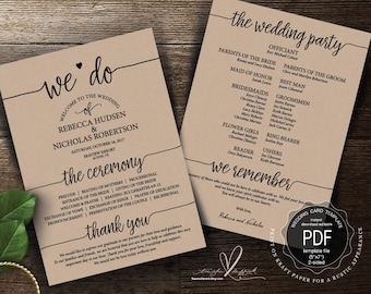 Wedding Program PDF card template, instant download editable printable, Ceremony order card in rustic calligraphy theme (TED410_2)