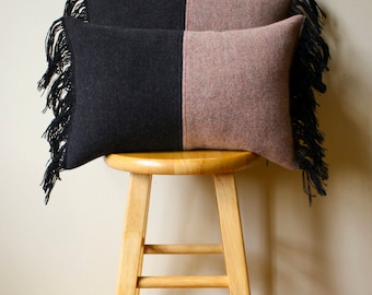 Soft Pink & Black Wool Pendleton Pillow Cover with Black Fringe - 12x18