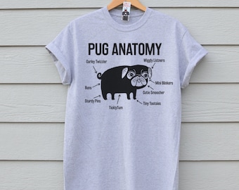 Pug Anatomy T shirt, Premium Pug Tee. Available In 3 Colours In Sizes S, M, L, and XL