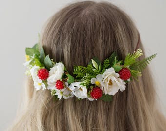 Raspberry Crown- Bridal Headpiece- White Flower Crown- Wedding Headpiece- Floral Halo- Boho Halo- White Rose Headpiece- Champagne Crown