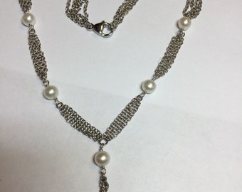 Stunning Honora Signed Sterling White Pearl Lariat Style Necklace