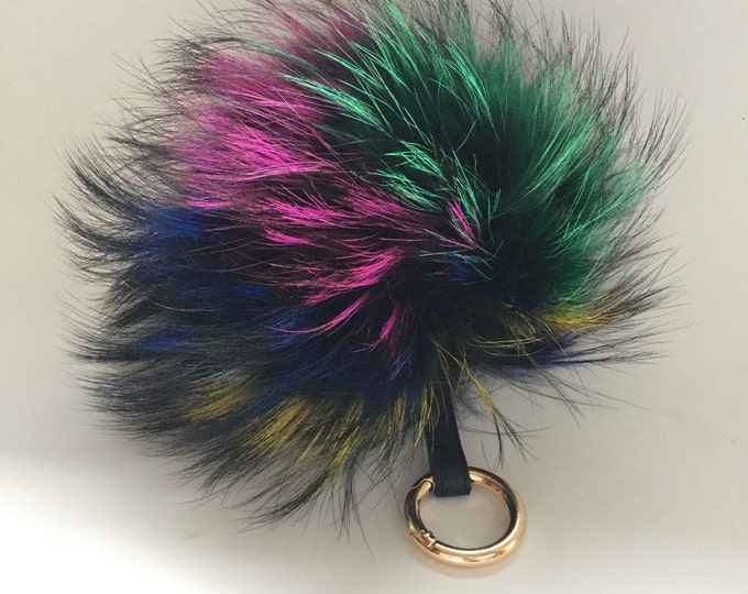 NEW Tropical Swirl™ Multi Color Raccoon Fur Pom Pom bag charm clover flower charm keychain piece piece no.601