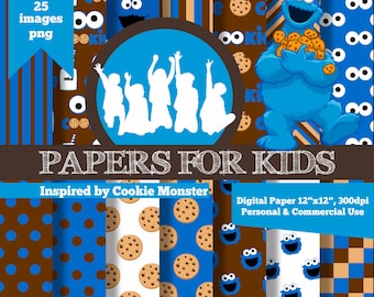 Digital Papers, Cookie Monster, Sesame Street, Background, Kids, Birthday, Clipart, Papers for kids