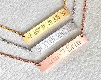 coordinate, roman numbers ,monogram bar neckace , personalize necklace, bridesmaid gift, bar necklace