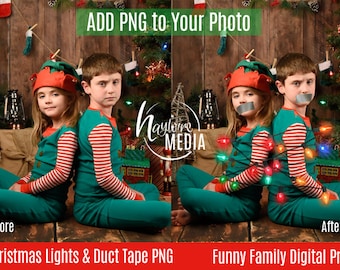 Funny Child, Family Christmas Lights and Duct Tape Digital Prop for Photographers - Transparent PNG Overlay layer to Insert Into Photo