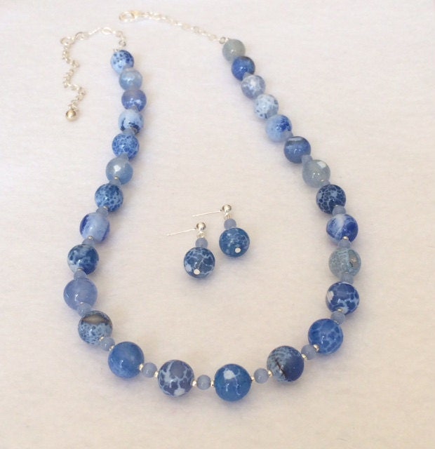 Blue Agate Necklace Set Agate Jewelry Set Blue Gemstone