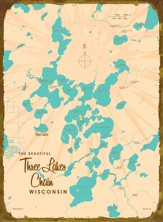 Three Lakes Chain WI Map Wood Sign