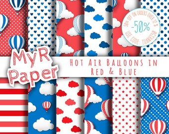 Hot Air Balloons Digital Paper: "Red & Blue" patterns for scrapbooking, invite, card – perfect for vintage project and baby shower