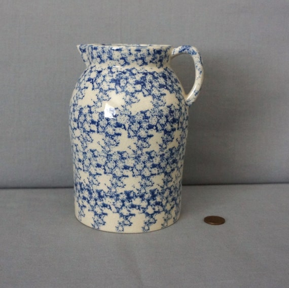 Vintage BLUE Spongeware Stoneware Pitcher 6