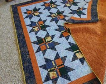 Twin bed quilt- blue & orange quilt- boys quilt-girls quilt- minky quilt