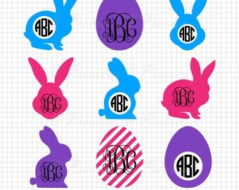 Buy 2 Get 1 Free! Digital Clipart Easter Bunny Monogram Frame, silhouette hare, rabbit, printable images png/eps/svg/dxf/studio cut files