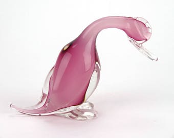 Archimede Seguso Italian pink alabastro Murano duck ornament - pink and clear vintage glass figurine