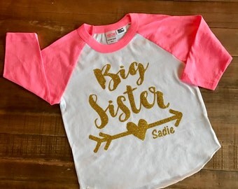 Big Sister Shirt - 3/4 Sleeve Pink Raglan Shirt with customizable lettering color
