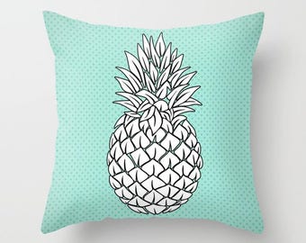 Turquoise Black and White Pineapple Throw Pillow , Decorative Throw Pillows , Pillow Cases , Throw Pillow Covers , Couch Pillows , Tropical