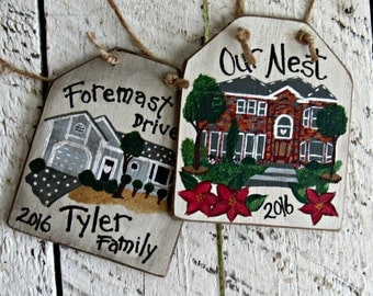 New Home Ornament, House Christmas Ornament, Personalized Housewarming Gift, Hand Painted Wood, Realtor Closing Gift, Custom House Portrait