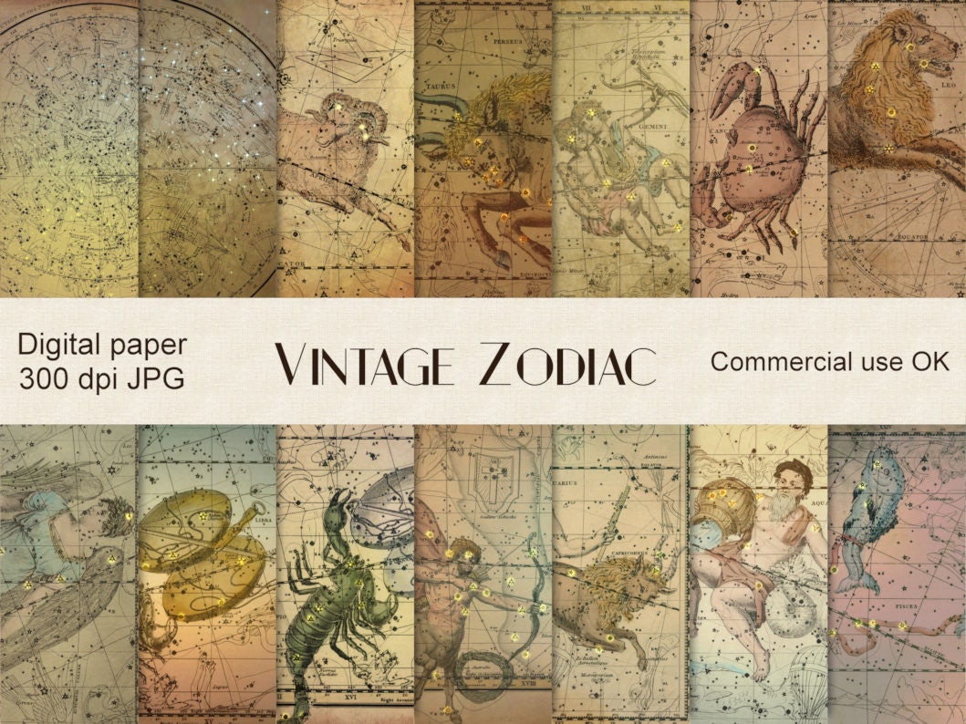 Vintage zodiac digital paper, digital download, zodiac signs, horoscope