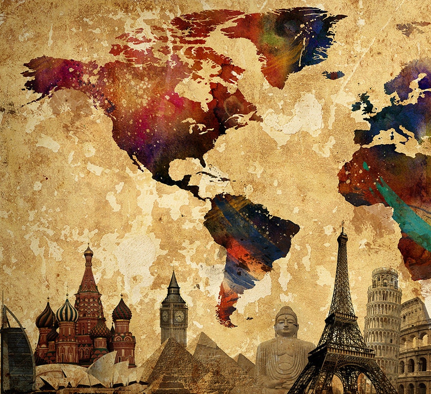 Travel World Map Art Print Vintage Style Wall Art Large Wall