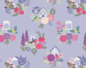 Bird Houses on Lilac Floral British Birds Wildlife Cotton Fabric from the Grandma's Garden 2017 collection by Lewis and Irene