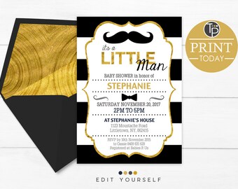 LITTLE MAN Baby Shower Invitations, Instant Download Baby Shower Invitation, Black and Gold Little Man Baby Shower, Moustache, Editable