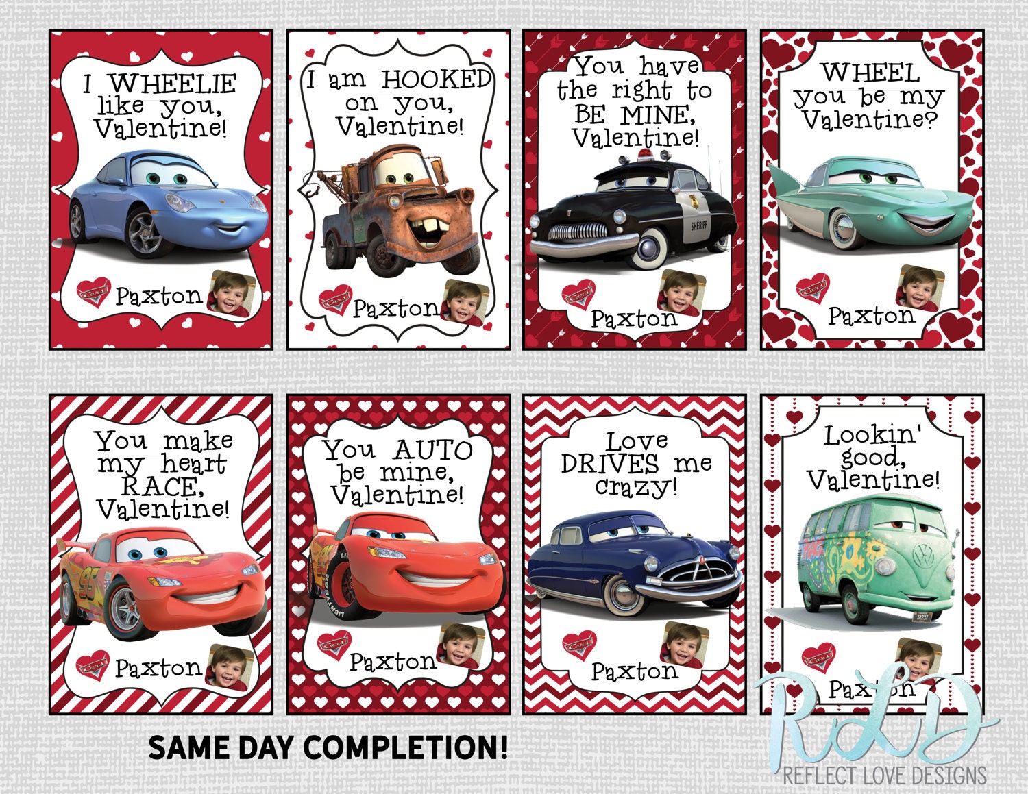 Disney Pixar Cars Valentine Personalized Card for School with