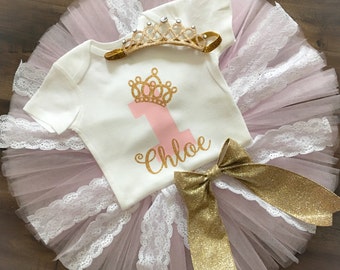 Pink and Gold First Birthday Outfit Girl, Tiara Birthday Outfit, Tulle and Lace Tutu, Personalized Birthday Outfit, Crown Birthday Outfit