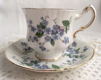 Reserved Paragon China Tea Cup and Saucer, Forget Me Not, Blue Floral with Gold Trim