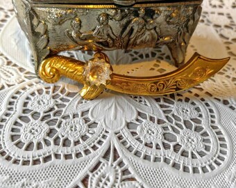 Very Unusual Vintage Brooch-Gold Sword with Jewel-Detailed-Knife-Aladdin-Pirate-All Orders Only 99c Shipping!