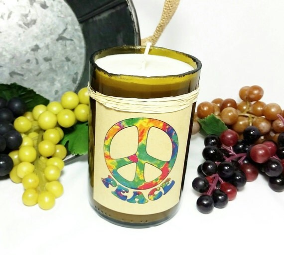 Wine Bottle Candle/Soy Wax Candle/Peace Lover Repurposed Glass