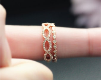 Real Diamonds Wedding Ring Set, Solid 14K Gold Rose Gold Ring Set, Diamonds Band Set, Engagement Ring Set, Matching Band, Half/Full Eternity