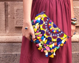 Pom Pom Clutch, Tassel Bag, Boho Tassel Womens Clutch, Handmade Leather Clutch, Bohemian Crossbody, Bright Bohemian Purse, Summer Bag