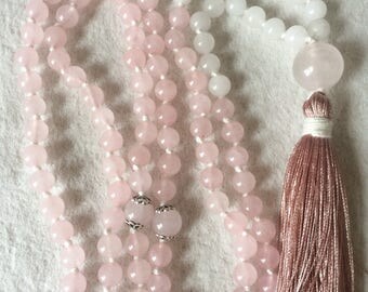 Rose Quartz Nephrite White Jade Mala Necklace, 108 Mala Beads, Meditation Mala, Heart Chakra Mala, Yoga Jewelry, Buddhist Mala Prayer Beads
