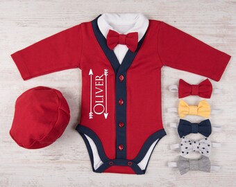 Personalized Baby Boy Gift, NAME / ARROWS Red/Navy Cardigan, Bodysuit, Hat & Bow Tie Set, Baby Boy Bow Tie Cardigan, Baby Boy Clothing