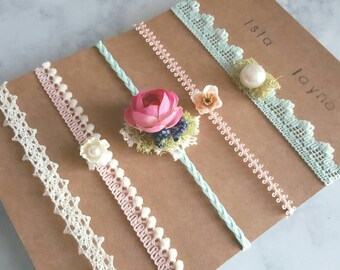 5 piece handmade tie-back headband set-baby shower gift-tieback headband-newborn girl gift-Islalayne-newborn headband-photography prop
