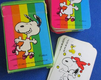 Vintage Snoopy Skating Miniature Playing Cards, Peanuts Cartes a Jouer, 1965 Made in Belgium, Hallmark, 3 1/2 x 1 3/4, Unused set & 3 jokers
