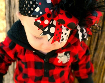 Red And Black Over The Top Boutique Hairbow Headband Ostrich Feather