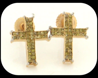 New 14K Yellow Gold 0.50CT Cluster Canary Diamond Stud Cross EARRINGS