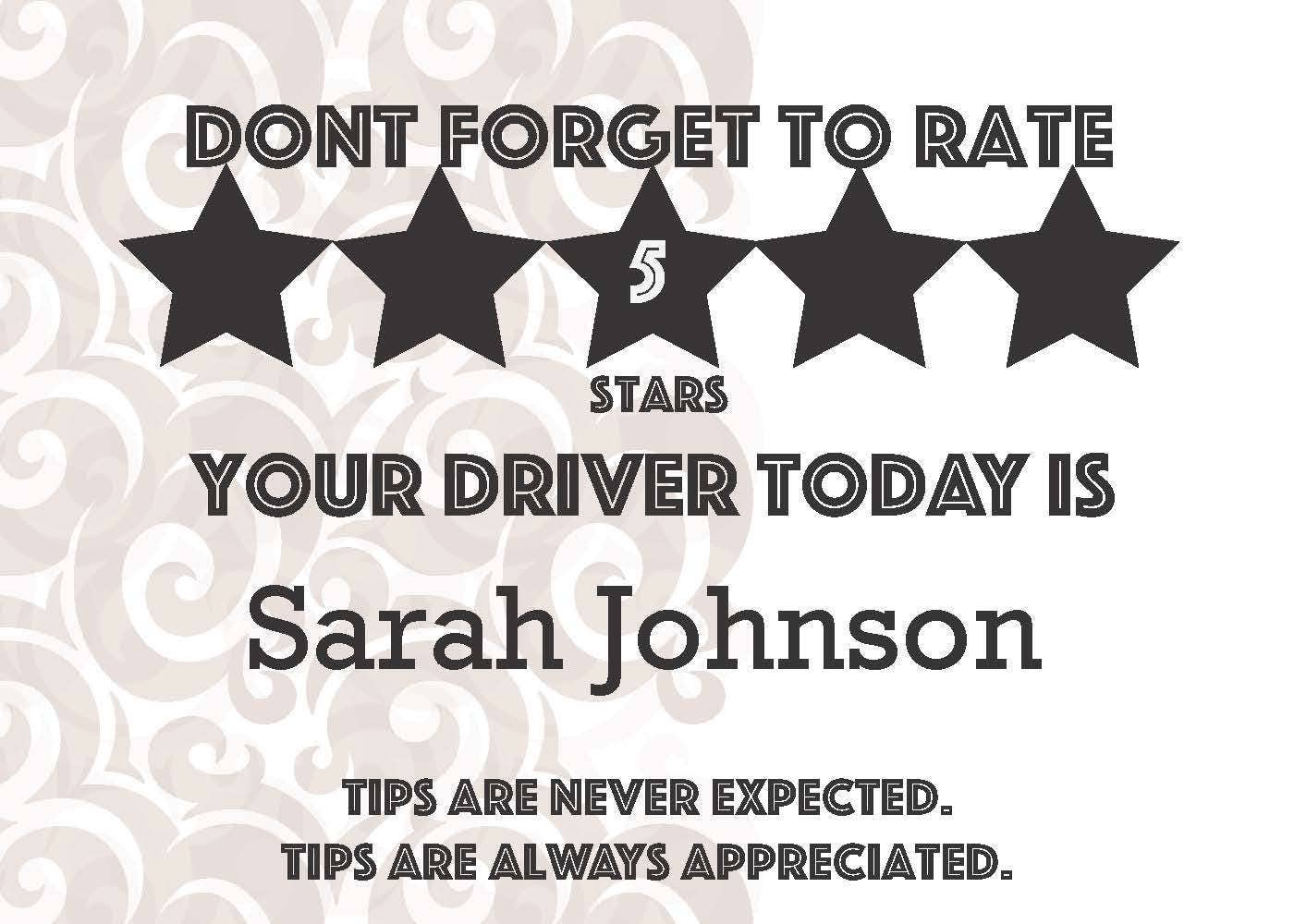 Printable Uber Lyft 5 Star Tip Sign 5x7 Cream