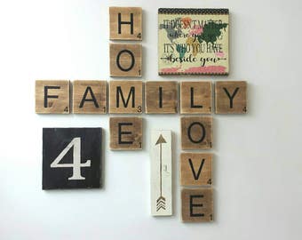 READ SHOP UPDATES Rustic Scrabble Tile Family Home Love Wall Hanging Set. Scrabble Sign, Family Decor, Love Sign, Family Room Decor