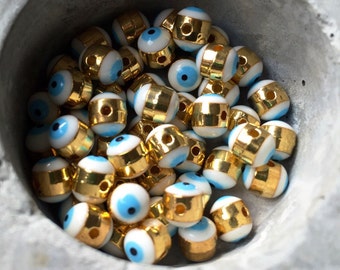 Evil eye white and blue greek eye enamel gold electroplated beads protection 5x6mm. 5 pieces