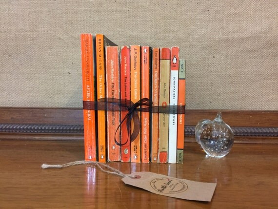 PENGUIN Paperback Book Collection - Instant Book Stack - Interior Design Shelf Staging - Orange Home Decor - Custom Sourced Vintage Books