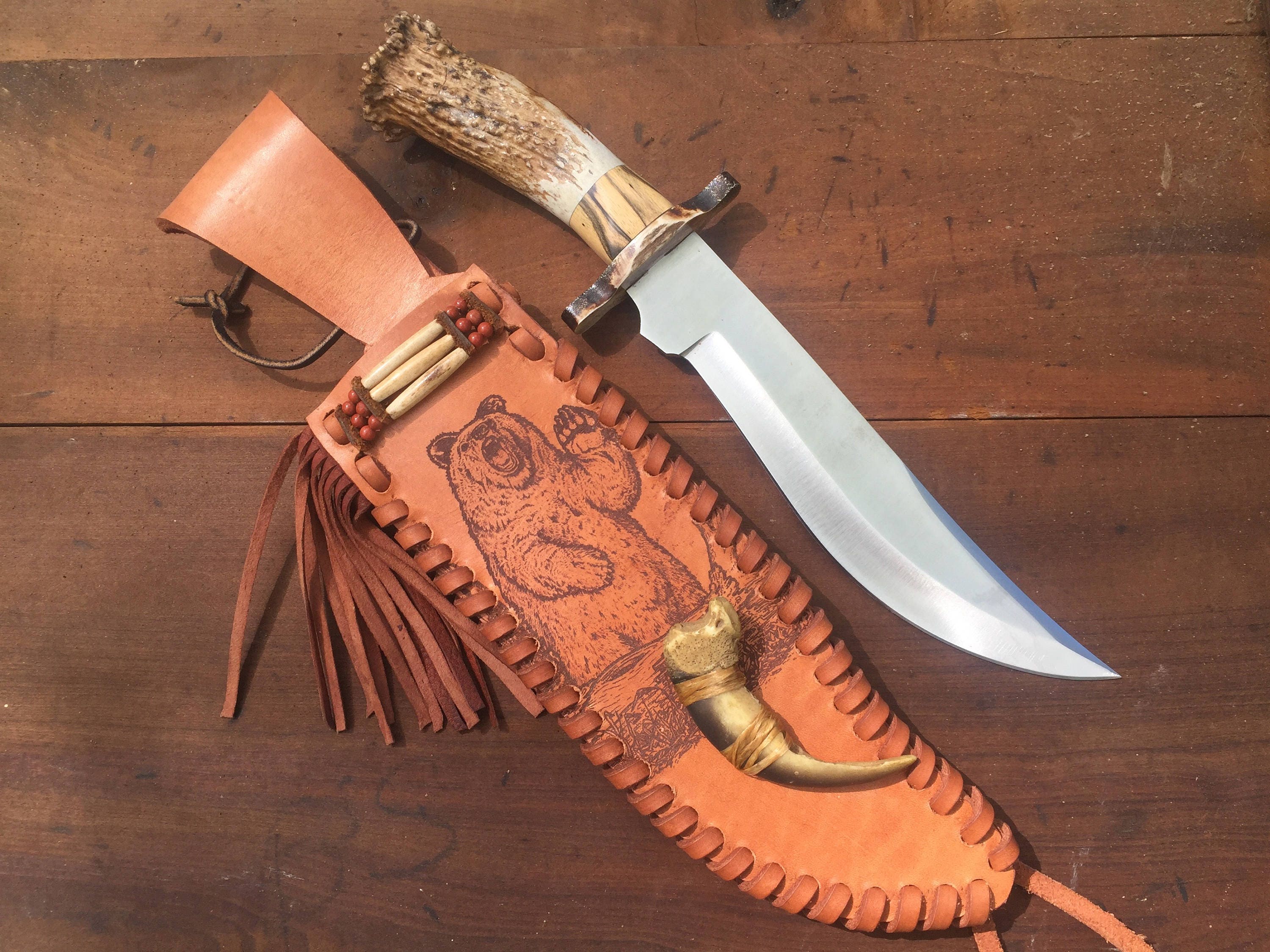Deer Antler Knife - With Handmade Leather Sheath with 