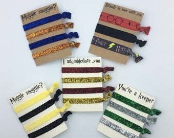 Harry Potter Inspired Valentine's Day Hair Tie Card, Gryffindor, Slytherin, Ravenclaw, Huffepuff, Valentine, Deathly Hallows, Elastic