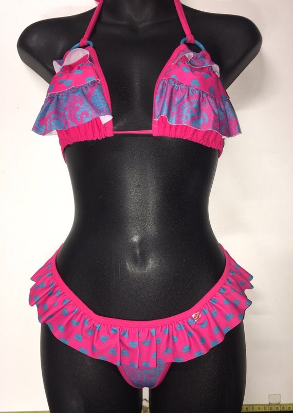 50% off SALE *** MissManeater TAINTEDLOVE ring top sliding frill bikini top with frill skirted boutique bikini pant ***THONG cut!