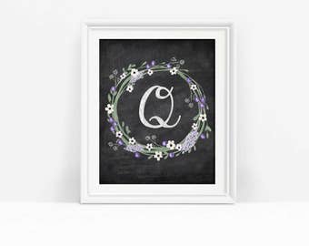 Printable Letter Q Monogram Wall Decor, Chalkboard Initial Q Art Download, Floral Wreath Print