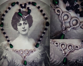 Antique silver Slytherin snake necklace with black and green glass beads